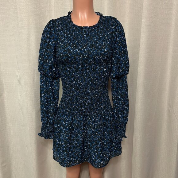 Parker Lilly Smocked Peasant Mini Dress Women's Size XS Blue Ditsy Floral Print - Picture 1 of 11